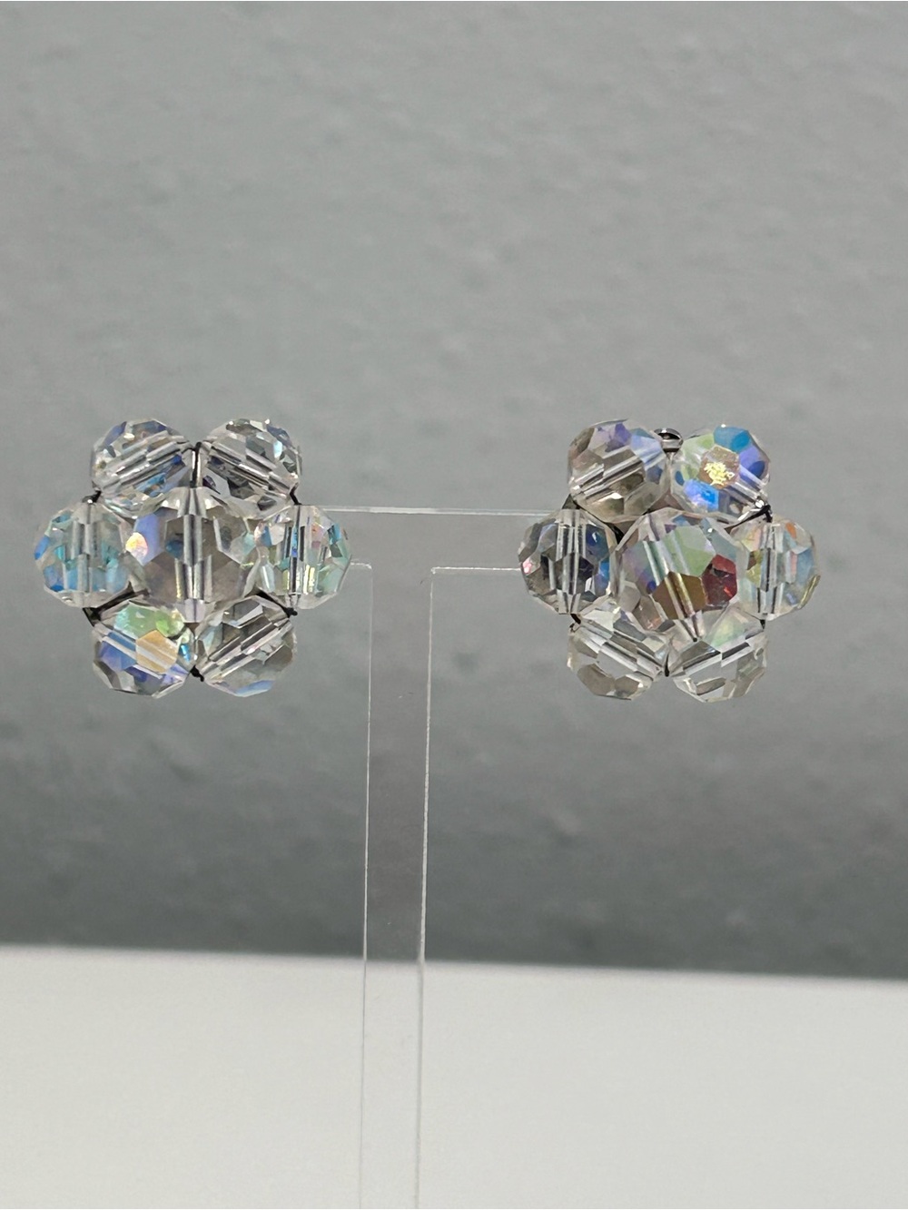 Vintage Aurora Borealis Clip-On Earrings AB Crystals Iridescent Faceted